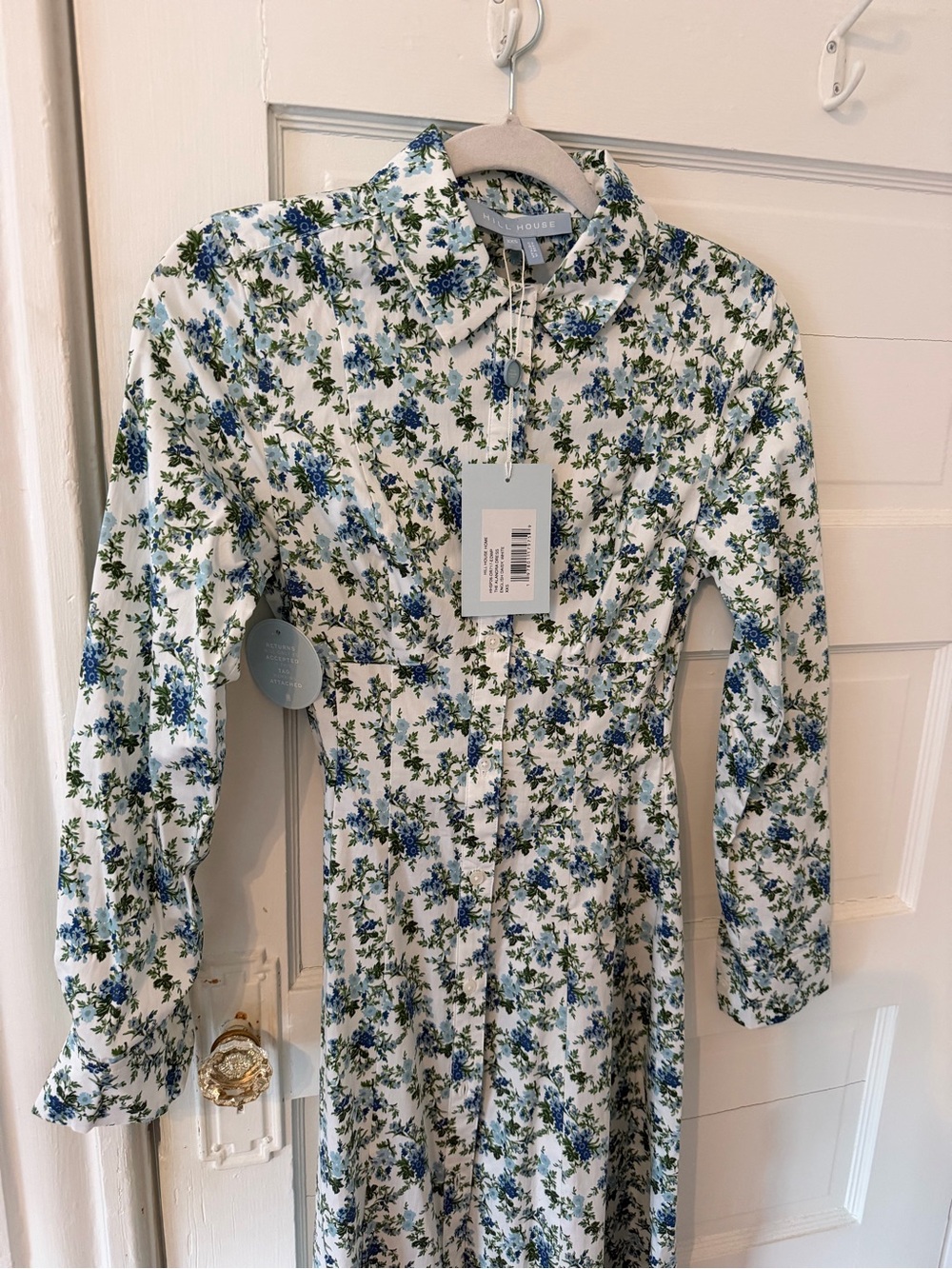 Hill House Floral Long-Sleeve Shirt Dress in White and Blue